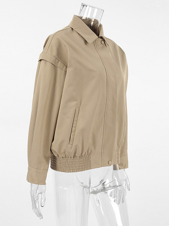 カーキ色の軽量レディースボンバージャケット - ミニマルな襟付きジップアップアウター - 静かなラグジュアリーな春のカジュアルストリートウェア 2026