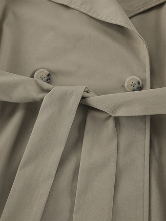 カーキ色のベルト付きウエストレディースショートトレンチコート - シックなダブルブレストジャケット - オールドマネー風春の装い 2026