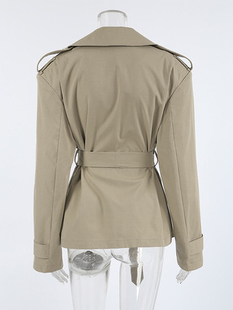 カーキ色のベルト付きウエストレディースショートトレンチコート - シックなダブルブレストジャケット - オールドマネー風春の装い 2026