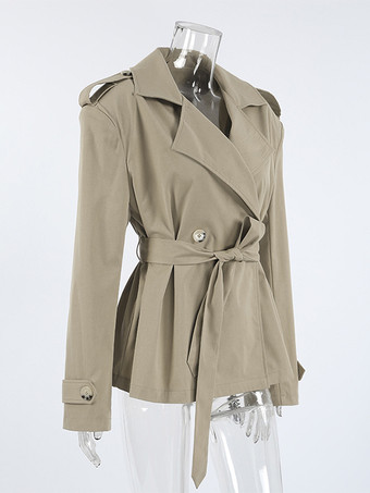カーキ色のベルト付きウエストレディースショートトレンチコート - シックなダブルブレストジャケット - オールドマネー風春の装い 2026