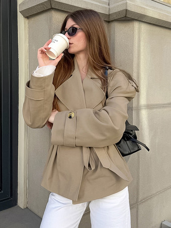 カーキ色のベルト付きウエストレディースショートトレンチコート - シックなダブルブレストジャケット - オールドマネー風春の装い 2026