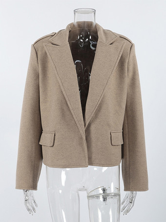 オートミールカラーのワイドラペルレディースショートブレザー - パッド入りショルダーボックスフィットジャケット - シックな春のストリートスタイル 2026