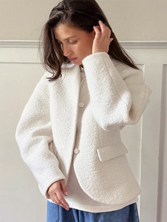 ホワイトブークレ素材のレディースショートジャケット - エレガントなVネック、パフスリーブ、スリムフィットのアウター - フレンチシックな春の装い 2026