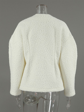 ホワイトブークレ素材のレディースショートジャケット - エレガントなVネック、パフスリーブ、スリムフィットのアウター - フレンチシックな春の装い 2026