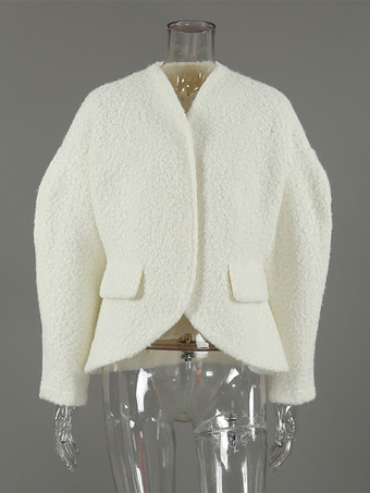 ホワイトブークレ素材のレディースショートジャケット - エレガントなVネック、パフスリーブ、スリムフィットのアウター - フレンチシックな春の装い 2026