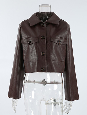 ブラウンのフェイクレザー製レディースクロップドジャケット - レトロなラペルボタンアップのボックスシルエットトップス - ストリートカジュアル春コーデ2026