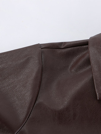 ブラウンのフェイクレザー製レディースクロップドジャケット - レトロなラペルボタンアップのボックスシルエットトップス - ストリートカジュアル春コーデ2026