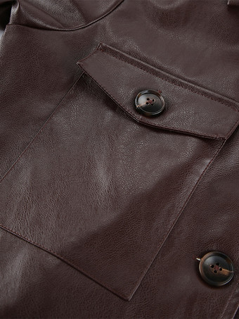 ブラウンのフェイクレザー製レディースクロップドジャケット - レトロなラペルボタンアップのボックスシルエットトップス - ストリートカジュアル春コーデ2026