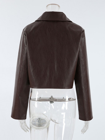 ブラウンのフェイクレザー製レディースクロップドジャケット - レトロなラペルボタンアップのボックスシルエットトップス - ストリートカジュアル春コーデ2026