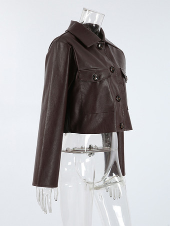 ブラウンのフェイクレザー製レディースクロップドジャケット - レトロなラペルボタンアップのボックスシルエットトップス - ストリートカジュアル春コーデ2026