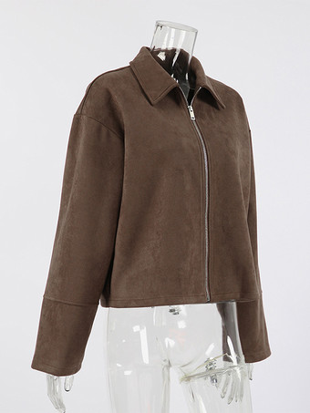 モカスエード レディース クロップドジャケット - ミニマルなジップアップ ポロカラー ボックスフィット - ストリートカジュアル 春のデイリーコーディネート 2026