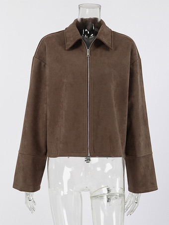 モカスエード レディース クロップドジャケット - ミニマルなジップアップ ポロカラー ボックスフィット - ストリートカジュアル 春のデイリーコーディネート 2026