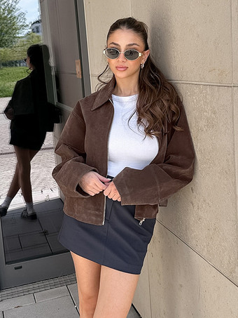 モカスエード レディース クロップドジャケット - ミニマルなジップアップ ポロカラー ボックスフィット - ストリートカジュアル 春のデイリーコーディネート 2026