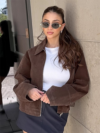 モカスエード レディース クロップドジャケット - ミニマルなジップアップ ポロカラー ボックスフィット - ストリートカジュアル 春のデイリーコーディネート 2026