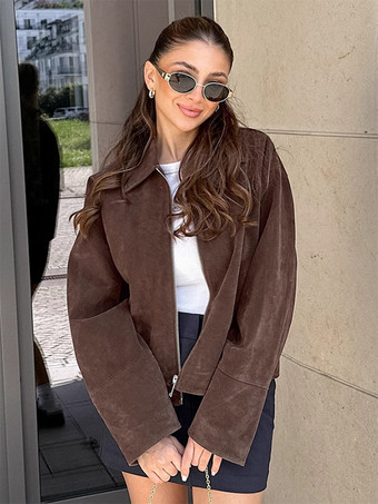 モカスエード レディース クロップドジャケット - ミニマルなジップアップ ポロカラー ボックスフィット - ストリートカジュアル 春のデイリーコーディネート 2026