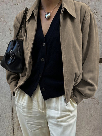 フェイクスエード レディース ボンバージャケット - レトロ ジップアップ ゴム裾 リラックスフィット - 春のカジュアル デイリーウェア 2026