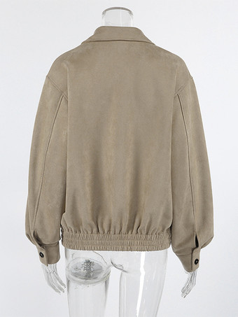 フェイクスエード レディース ボンバージャケット - レトロ ジップアップ ゴム裾 リラックスフィット - 春のカジュアル デイリーウェア 2026