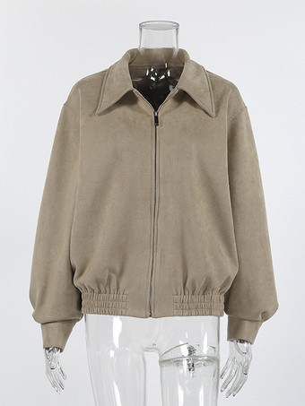 フェイクスエード レディース ボンバージャケット - レトロ ジップアップ ゴム裾 リラックスフィット - 春のカジュアル デイリーウェア 2026