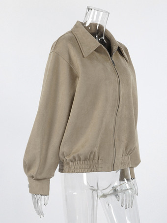 フェイクスエード レディース ボンバージャケット - レトロ ジップアップ ゴム裾 リラックスフィット - 春のカジュアル デイリーウェア 2026