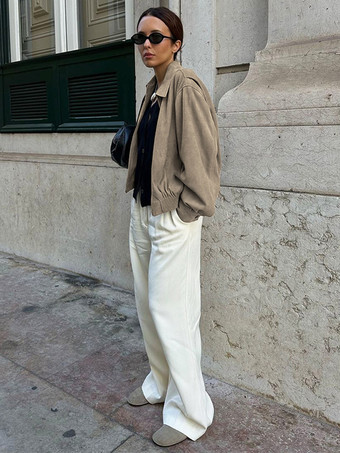 フェイクスエード レディース ボンバージャケット - レトロ ジップアップ ゴム裾 リラックスフィット - 春のカジュアル デイリーウェア 2026