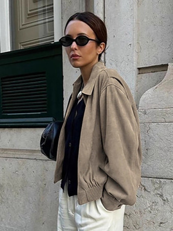 カーキ フェイクスエード レディース ボンバージャケット - レトロ ジップアップ ゴム裾 リラックスフィット - 春のカジュアル デイリーウェア 2026