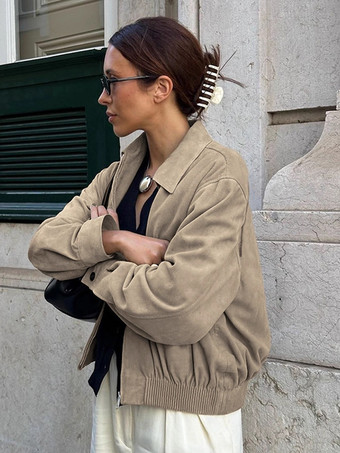 フェイクスエード レディース ボンバージャケット - レトロ ジップアップ ゴム裾 リラックスフィット - 春のカジュアル デイリーウェア 2026