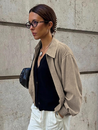 フェイクスエード レディース ボンバージャケット - レトロ ジップアップ ゴム裾 リラックスフィット - 春のカジュアル デイリーウェア 2026