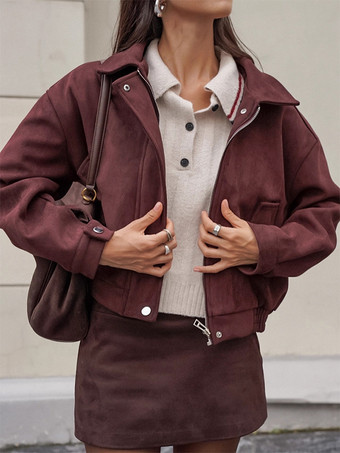 スエードドロップショルダーレディースクロップドジャケット - スタンドカラージップアップスリムフィット - ミニマリスト春カジュアルコーデ2026