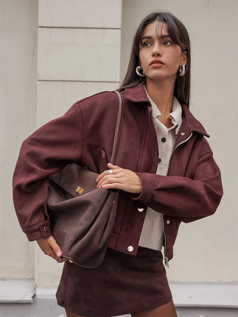 ブラウンスエードドロップショルダーレディースクロップドジャケット - スタンドカラージップアップスリムフィット - ミニマリスト春カジュアルコーデ2026