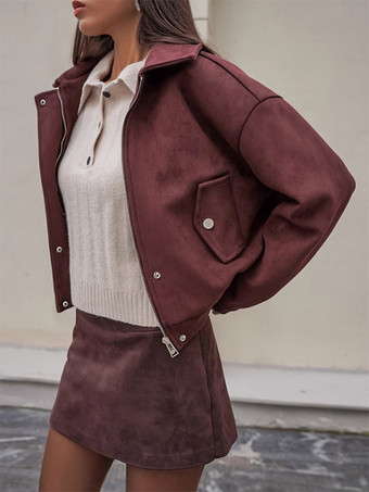 スエードドロップショルダーレディースクロップドジャケット - スタンドカラージップアップスリムフィット - ミニマリスト春カジュアルコーデ2026
