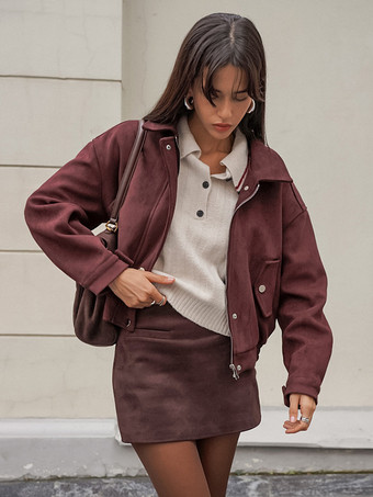 スエードドロップショルダーレディースクロップドジャケット - スタンドカラージップアップスリムフィット - ミニマリスト春カジュアルコーデ2026