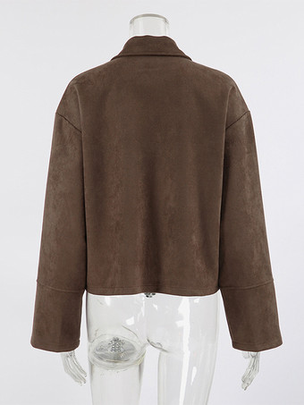 モカスエード レディース クロップドジャケット - ミニマルなジップアップ ポロカラー ボックスフィット - ストリートカジュアル 春のデイリーコーディネート 2026