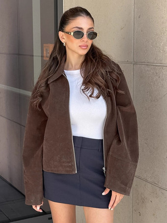 ブラウンモカスエード レディース クロップドジャケット - ミニマルなジップアップ ポロカラー ボックスフィット - ストリートカジュアル 春のデイリーコーディネート 2026