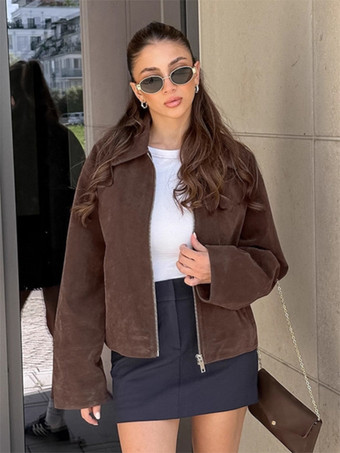 モカスエード レディース クロップドジャケット - ミニマルなジップアップ ポロカラー ボックスフィット - ストリートカジュアル 春のデイリーコーディネート 2026