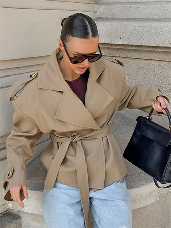 カーキ カーキ色のベルト付きウエストレディースショートトレンチコート - シックなダブルブレストジャケット - オールドマネー風春の装い 2026