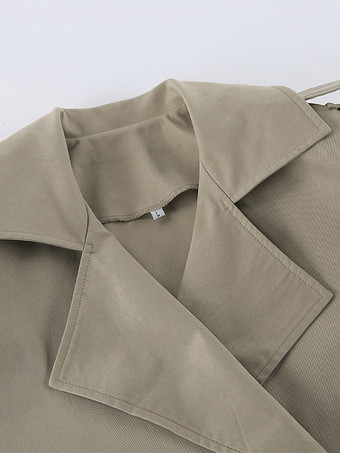 カーキ色のベルト付きウエストレディースショートトレンチコート - シックなダブルブレストジャケット - オールドマネー風春の装い 2026