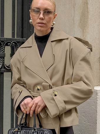 カーキ色のベルト付きウエストレディースショートトレンチコート - シックなダブルブレストジャケット - オールドマネー風春の装い 2026