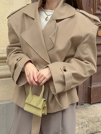 カーキ色のベルト付きウエストレディースショートトレンチコート - シックなダブルブレストジャケット - オールドマネー風春の装い 2026