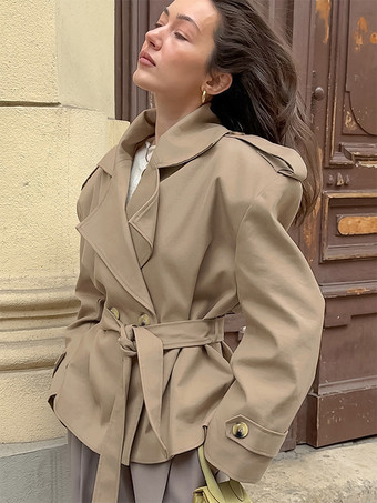 カーキ色のベルト付きウエストレディースショートトレンチコート - シックなダブルブレストジャケット - オールドマネー風春の装い 2026