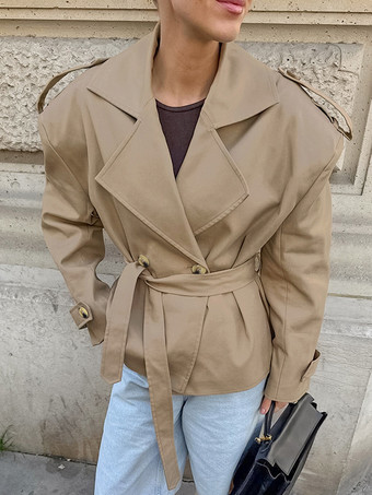 カーキ色のベルト付きウエストレディースショートトレンチコート - シックなダブルブレストジャケット - オールドマネー風春の装い 2026