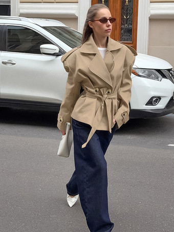 カーキ色のベルト付きウエストレディースショートトレンチコート - シックなダブルブレストジャケット - オールドマネー風春の装い 2026