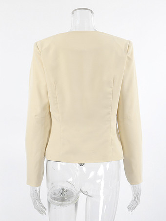 バターイエローのレディースクロップドブレザー - エレガントなバックルフロントラウンドネックジャケット - スリムフィットデートナイトコーデ2026