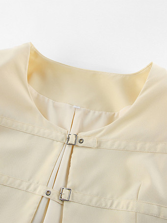 バターイエローのレディースクロップドブレザー - エレガントなバックルフロントラウンドネックジャケット - スリムフィットデートナイトコーデ2026