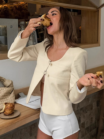 バターイエローのレディースクロップドブレザー - エレガントなバックルフロントラウンドネックジャケット - スリムフィットデートナイトコーデ2026