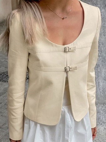 バターイエローのレディースクロップドブレザー - エレガントなバックルフロントラウンドネックジャケット - スリムフィットデートナイトコーデ2026
