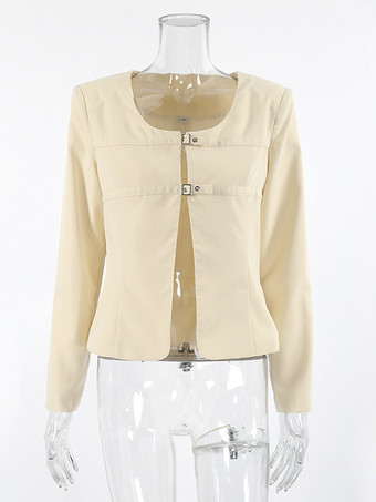 バターイエローのレディースクロップドブレザー - エレガントなバックルフロントラウンドネックジャケット - スリムフィットデートナイトコーデ2026