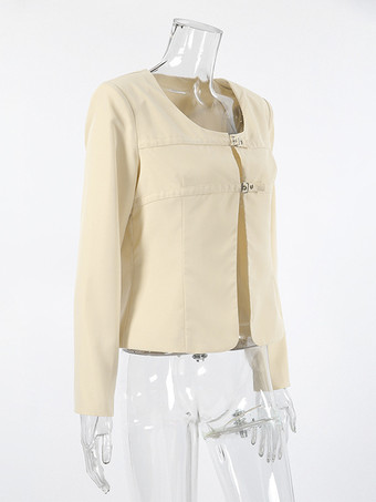 バターイエローのレディースクロップドブレザー - エレガントなバックルフロントラウンドネックジャケット - スリムフィットデートナイトコーデ2026