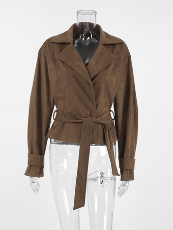 ブラウン スエード レディース クロップド ブレザー - レトロ ラペル ベルト付きウエスト レギュラーフィット ジャケット - ヴィンテージ スプリング デイリー アウトフィット 2026