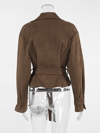 ブラウン スエード レディース クロップド ブレザー - レトロ ラペル ベルト付きウエスト レギュラーフィット ジャケット - ヴィンテージ スプリング デイリー アウトフィット 2026