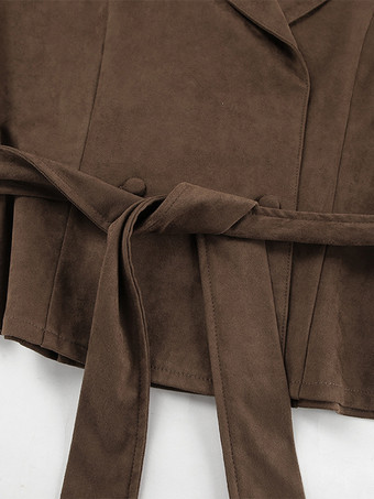 ブラウン スエード レディース クロップド ブレザー - レトロ ラペル ベルト付きウエスト レギュラーフィット ジャケット - ヴィンテージ スプリング デイリー アウトフィット 2026